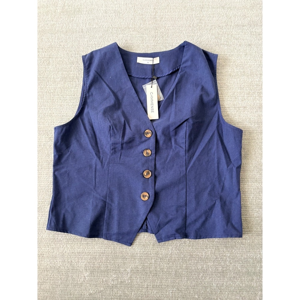 Commense Vest‎ Womens XL Tailored 4-Button Capsule Classic Office Blue Cotton